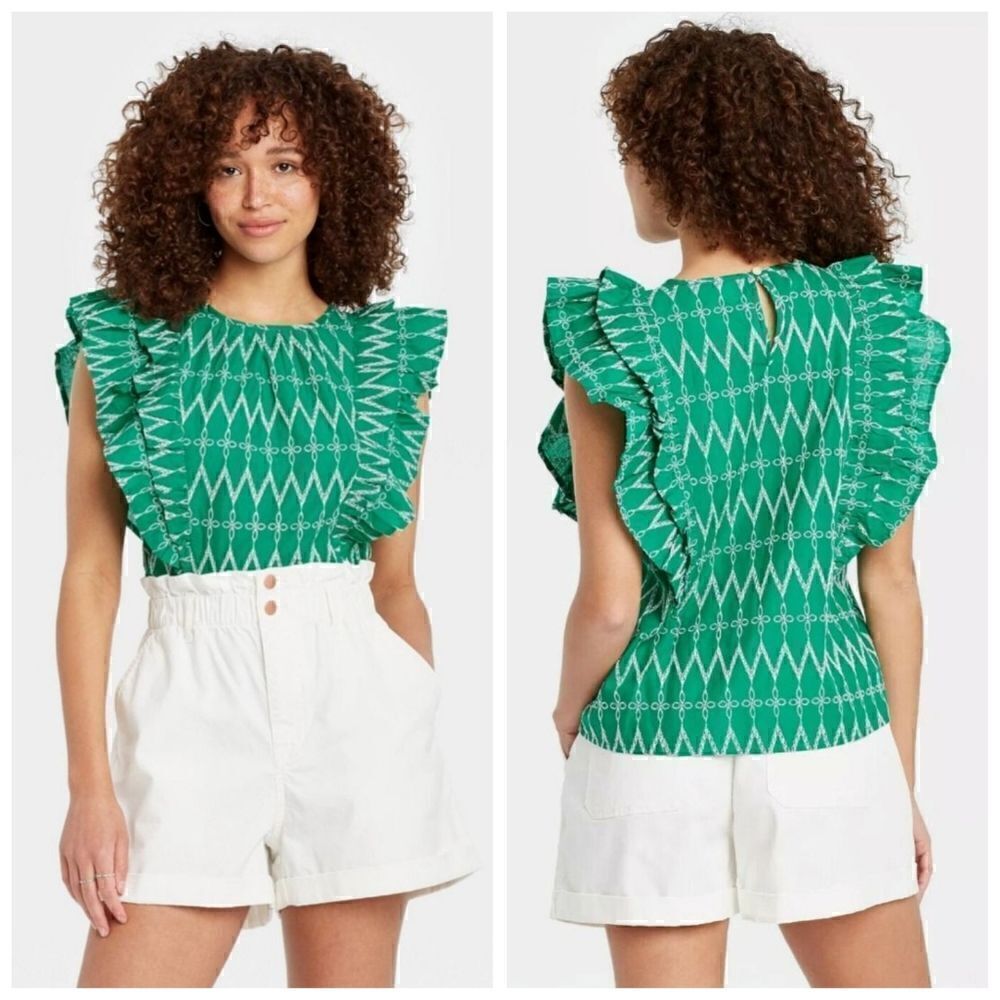 Universal Thread Flounce Embroidered Ruffle Blouse Green XXL Women's